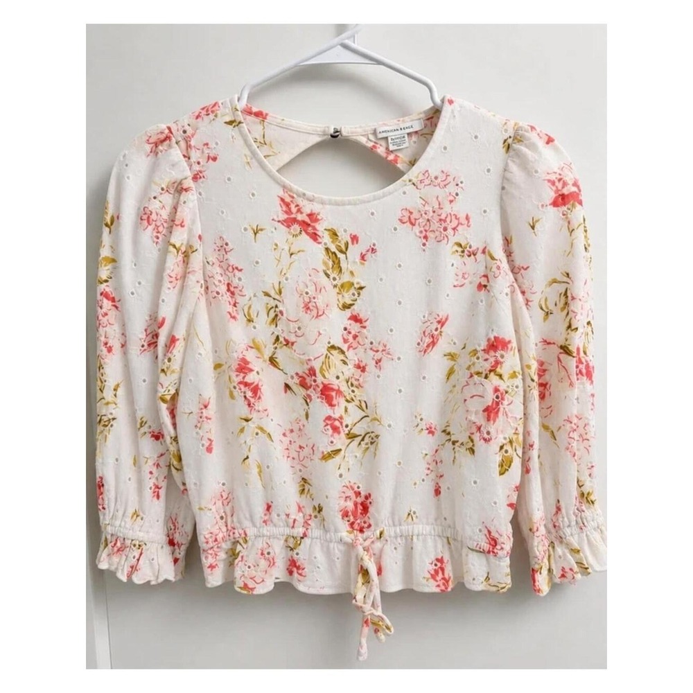 American Eagle Floral Eyelet Peplum Top XS Blouse